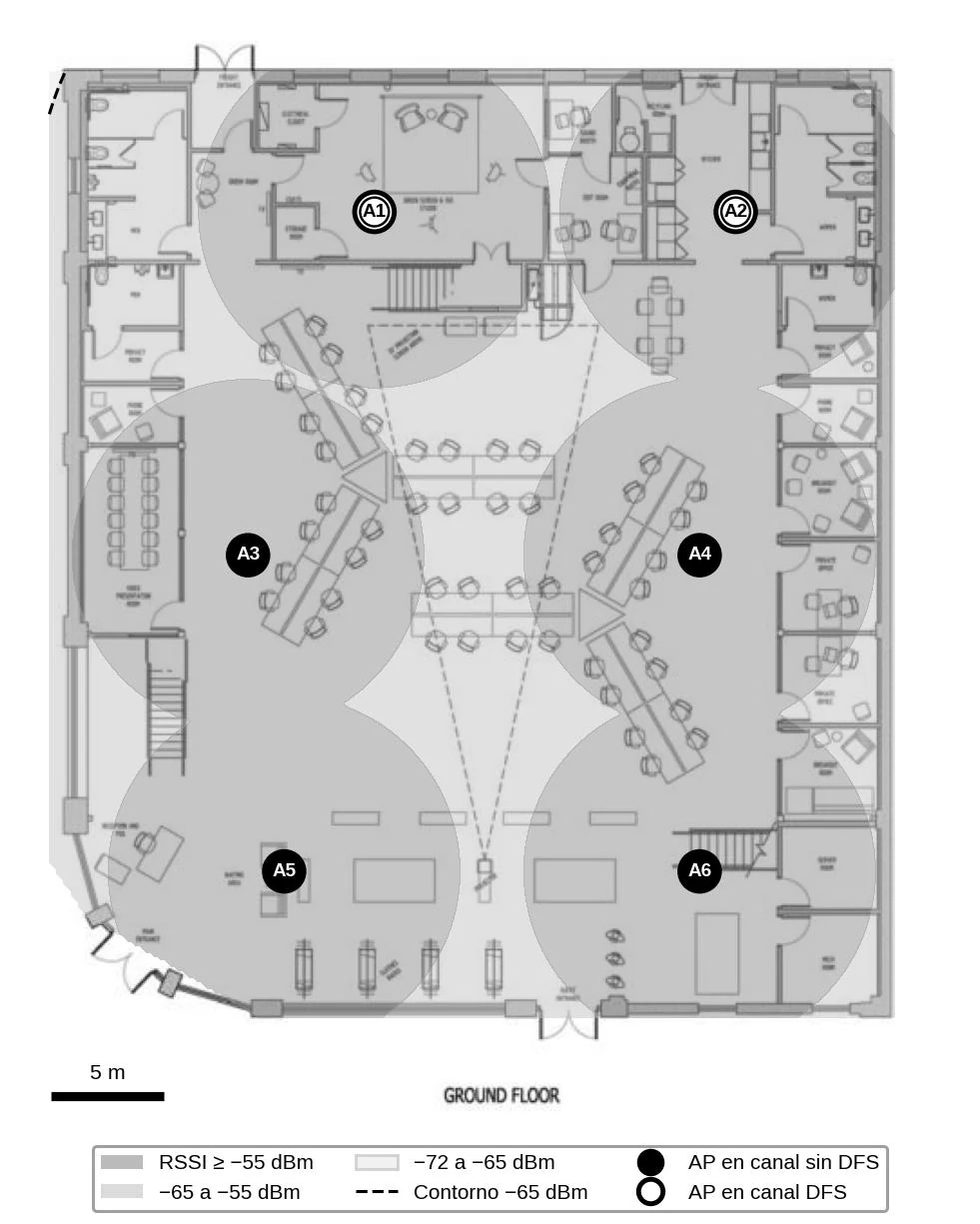 Plano de las oficinas centrales con seis AP y áreas de cobertura predictiva